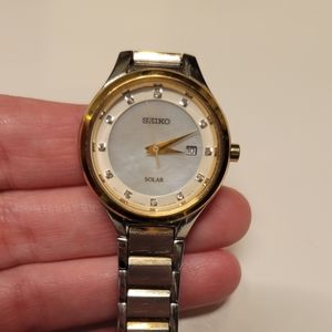 Seiko Solar Stainless Steel Two-Tone White MOP Dial Ladies Watch